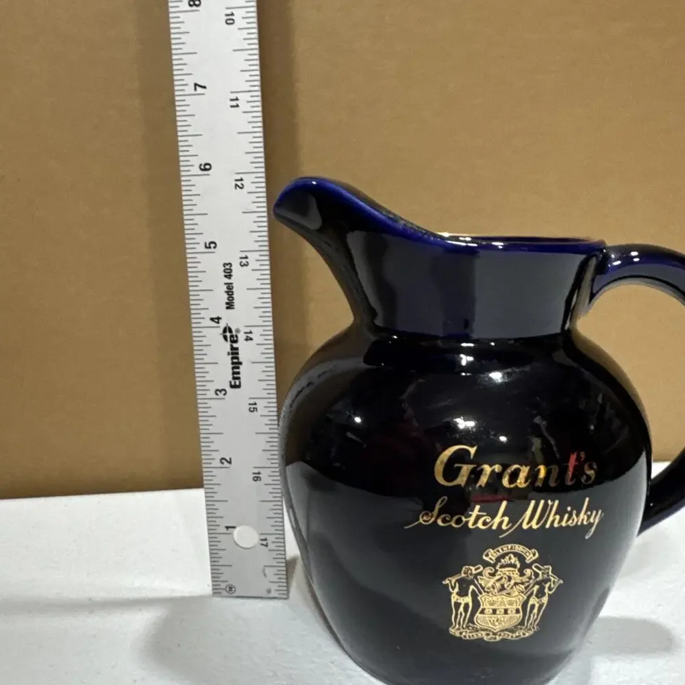 Vtg Grant's Scotch Whisky Water Juice Blue Pitcher Gold Accents Wade Regicor